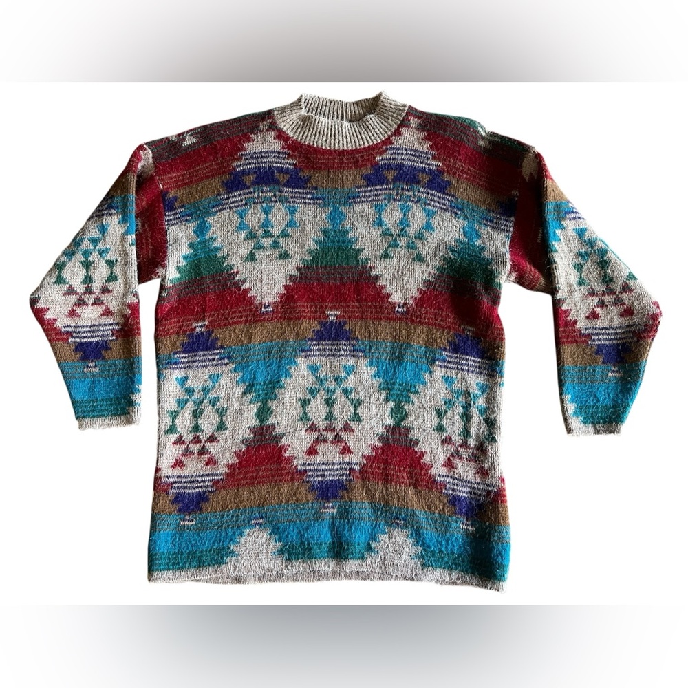 Vintage Aztec Boho Tribal Colorful Women’s Sweater Sz L Made in USA Beach Indie
